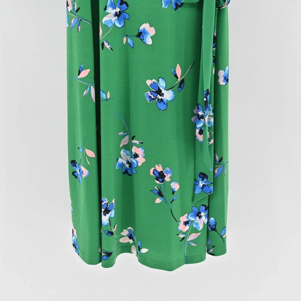 ELIZA J Dress Size 14 Green Floral V‎ Neck Long Sleeve Tie Belt Faux Wrap Midi - Picture 10 of 12